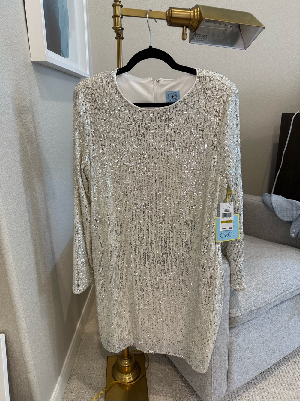 CeCe Silver Sequin Long Sleeve Shift Dress
